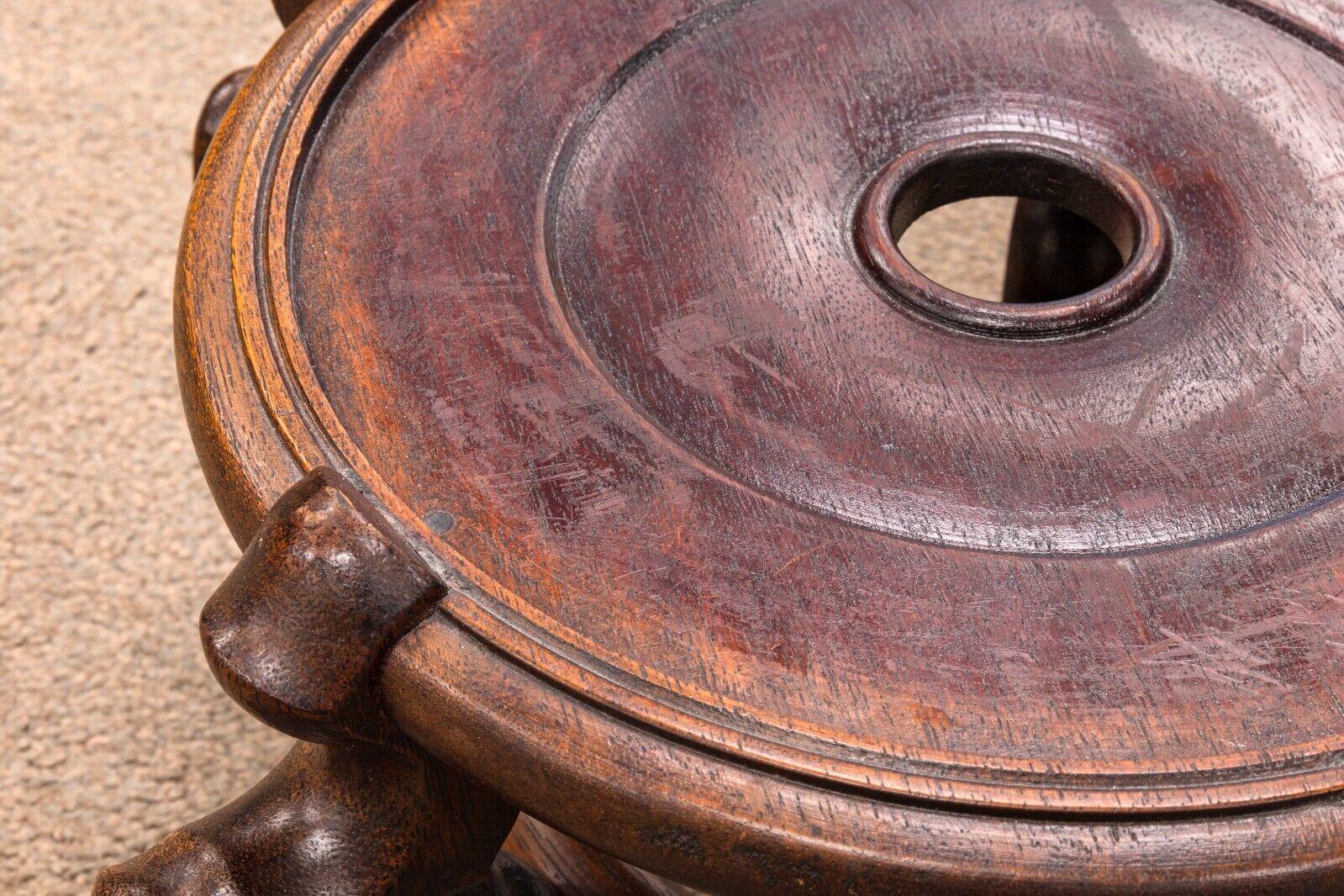 Pair of Modern Asian Urn Floor Ceramic Vases Black Glaze on Ornate Wooden Stands For Sale 5