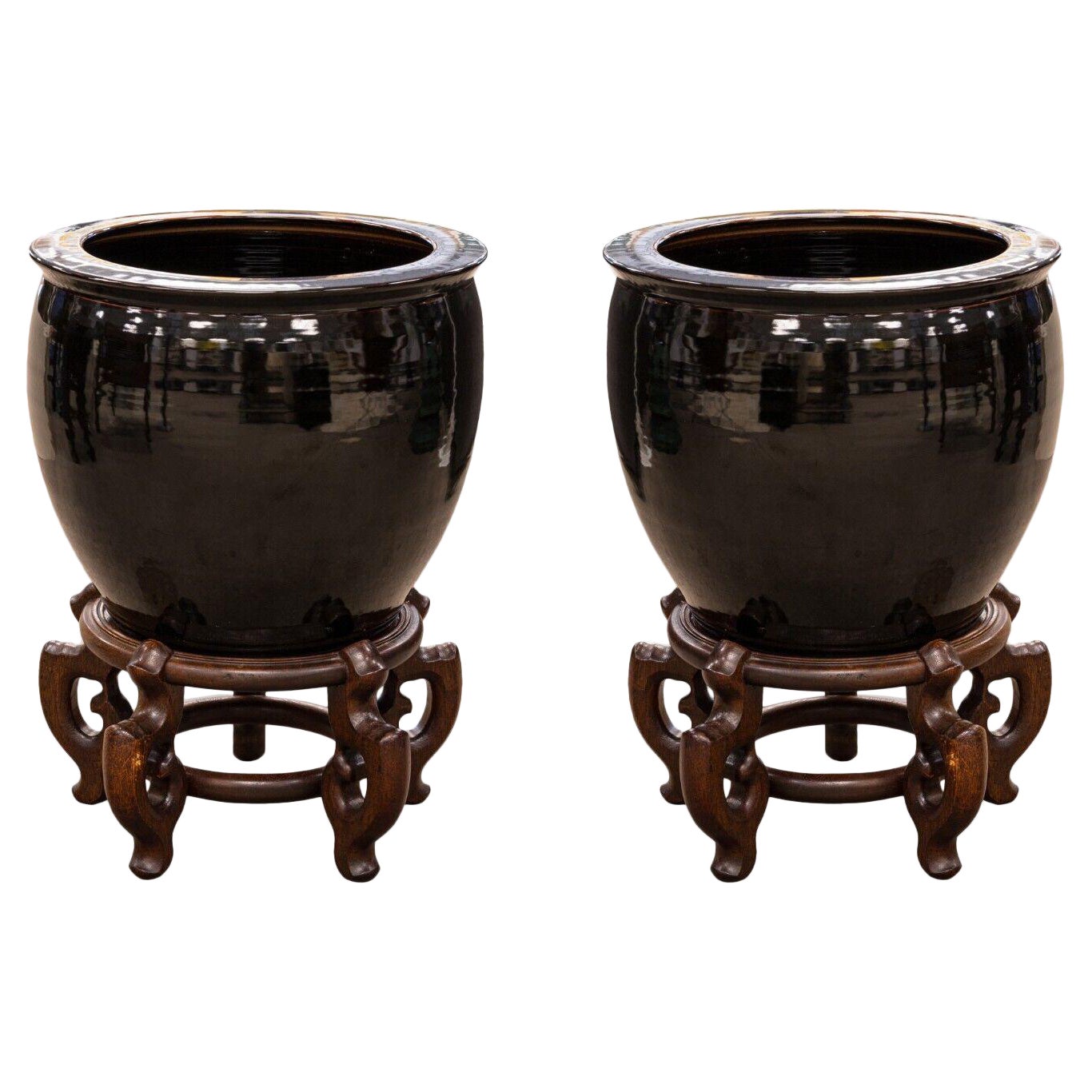 Pair of Modern Asian Urn Floor Ceramic Vases Black Glaze on Ornate Wooden Stands