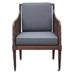 Pair of Modern Baker Furniture Faux Bamboo and Cane Grey Linen Lounge Chairs