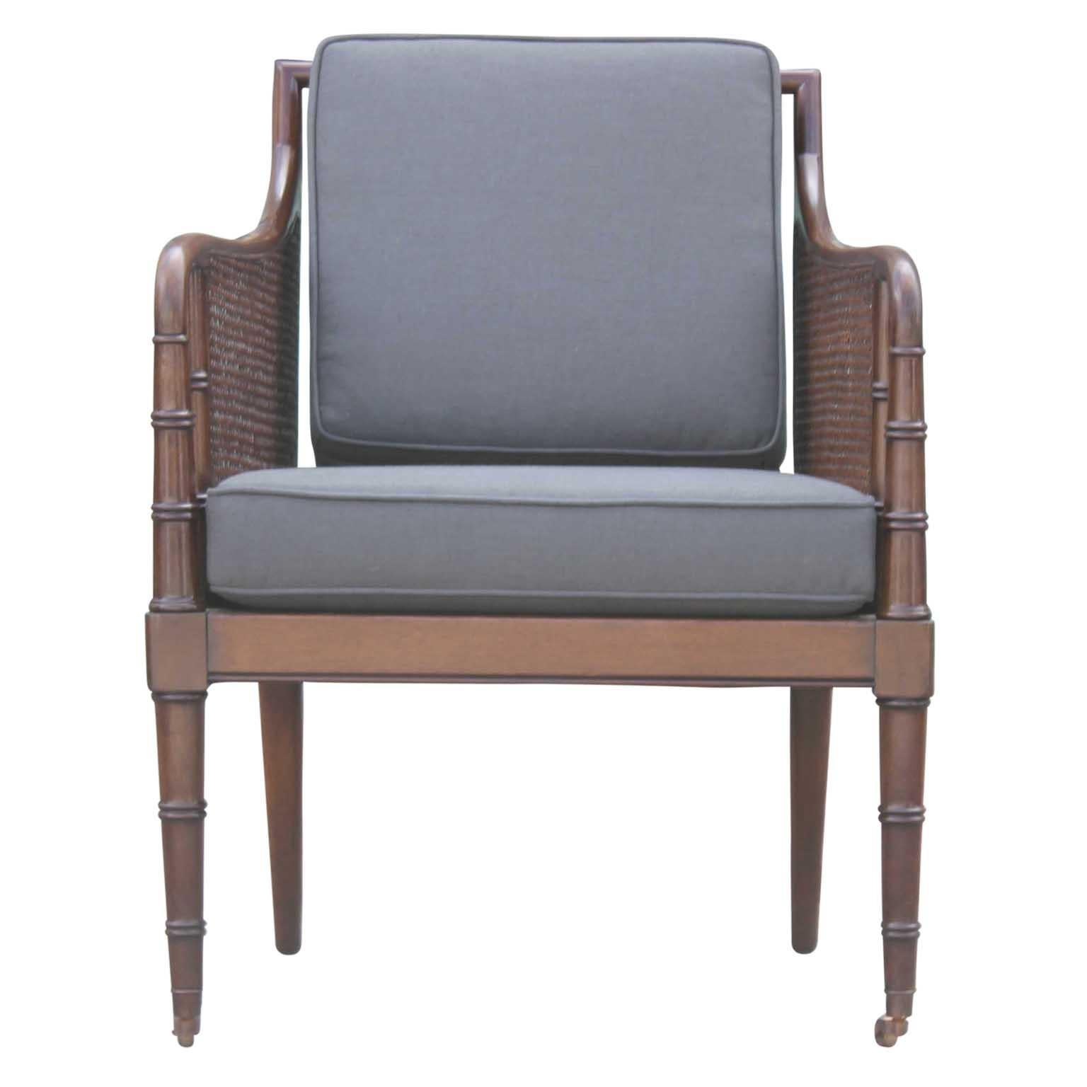 Hollywood Regency Pair of Modern Baker Furniture Faux Bamboo and Cane Grey Linen Lounge Chairs