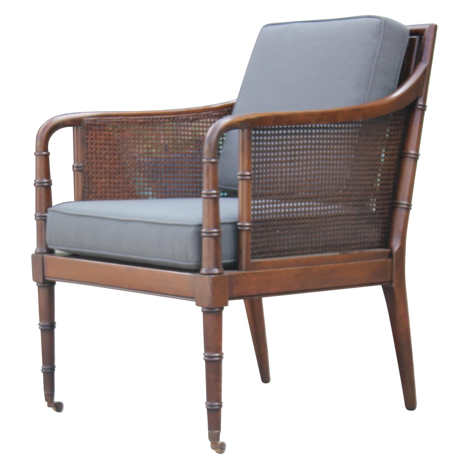 Mid-20th Century Pair of Modern Baker Furniture Faux Bamboo and Cane Grey Linen Lounge Chairs