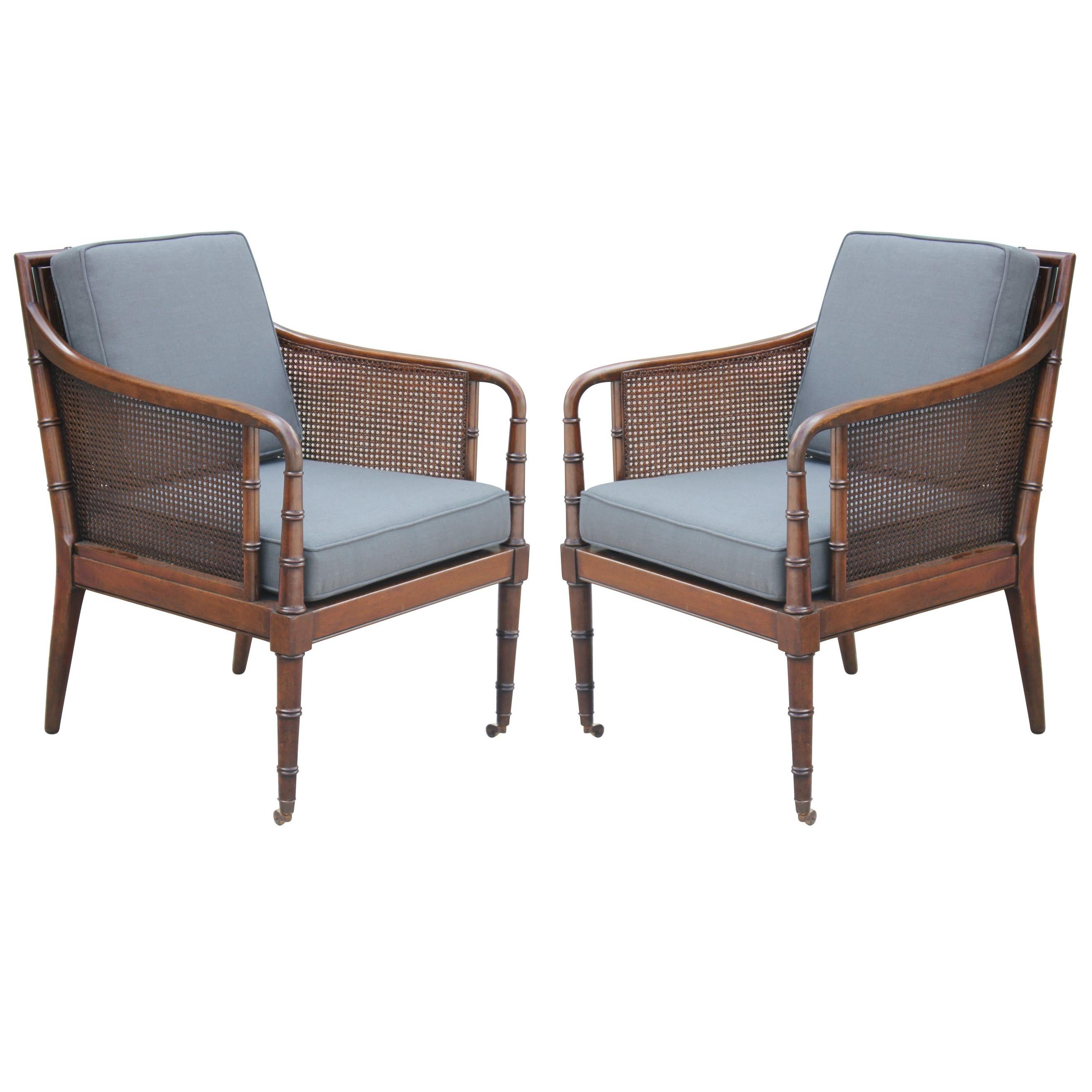Pair of Modern Baker Furniture Faux Bamboo and Cane Grey Linen Lounge Chairs