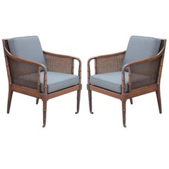 Pair of Modern Baker Furniture Faux Bamboo and Cane Grey Linen Lounge Chairs