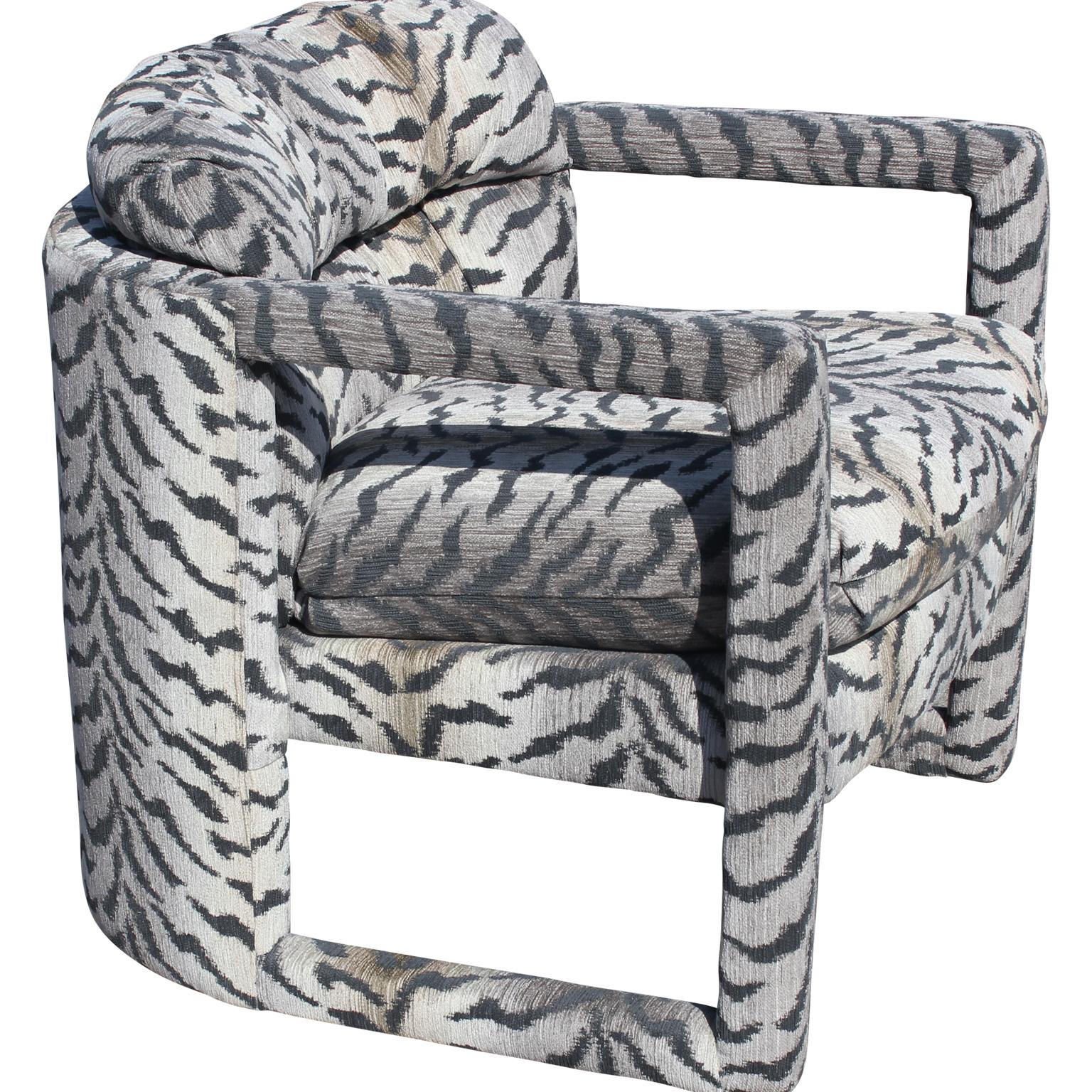 American Pair of Modern Barrel Back Parson Style Club Chairs by Drexel in Tiger Print