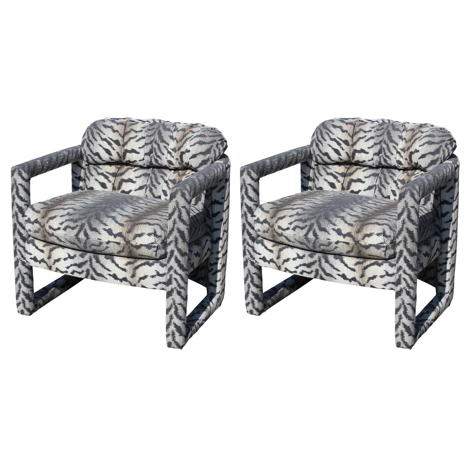 Pair of Modern Barrel Back Parson Style Club Chairs by Drexel in Tiger Print