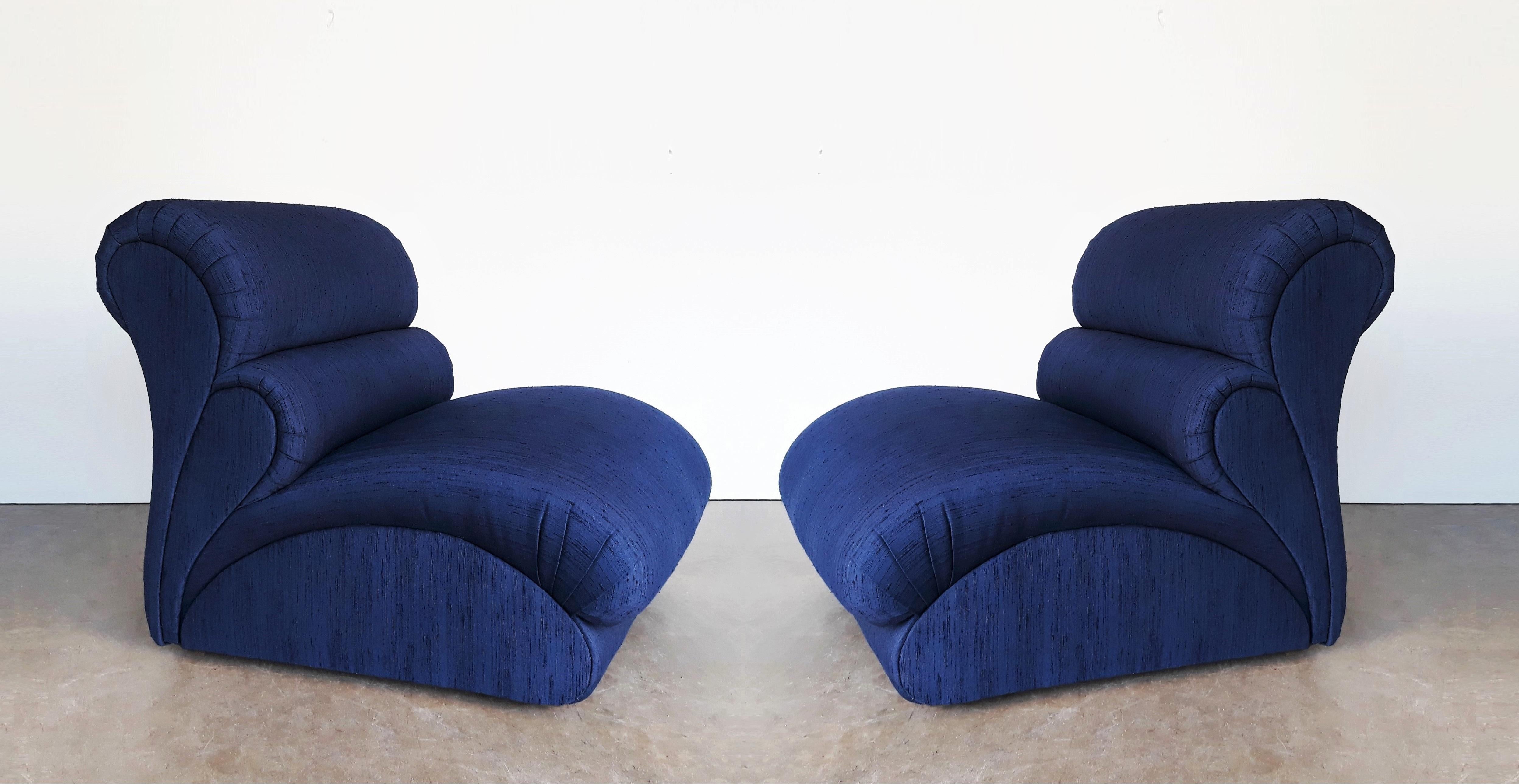 These stunning Avant Garde lounge/slipper chairs by Weiman Furniture are no exception. From their visually striking silhouette to their overstuffed, over-sized frames, stylish comfort is of top priority; they are minimalist. Upholstered in a