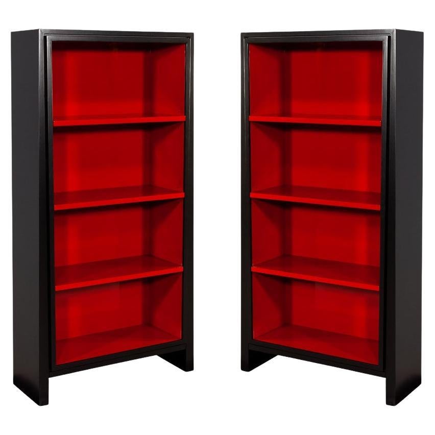 Pair of Modern Black and Ruby Bookcases