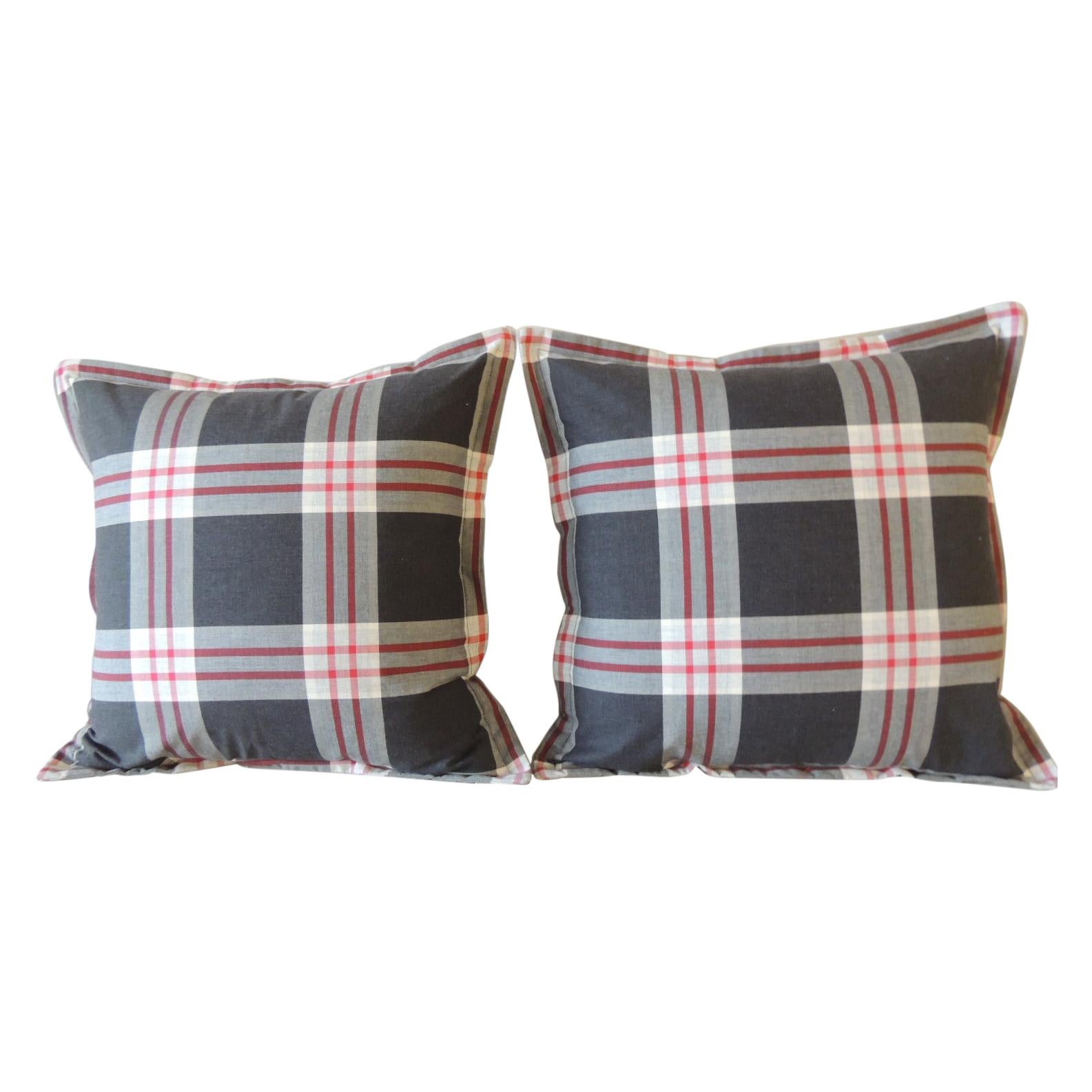 Pair of Modern Black and White Cotton Plaid Square Decorative Pillows