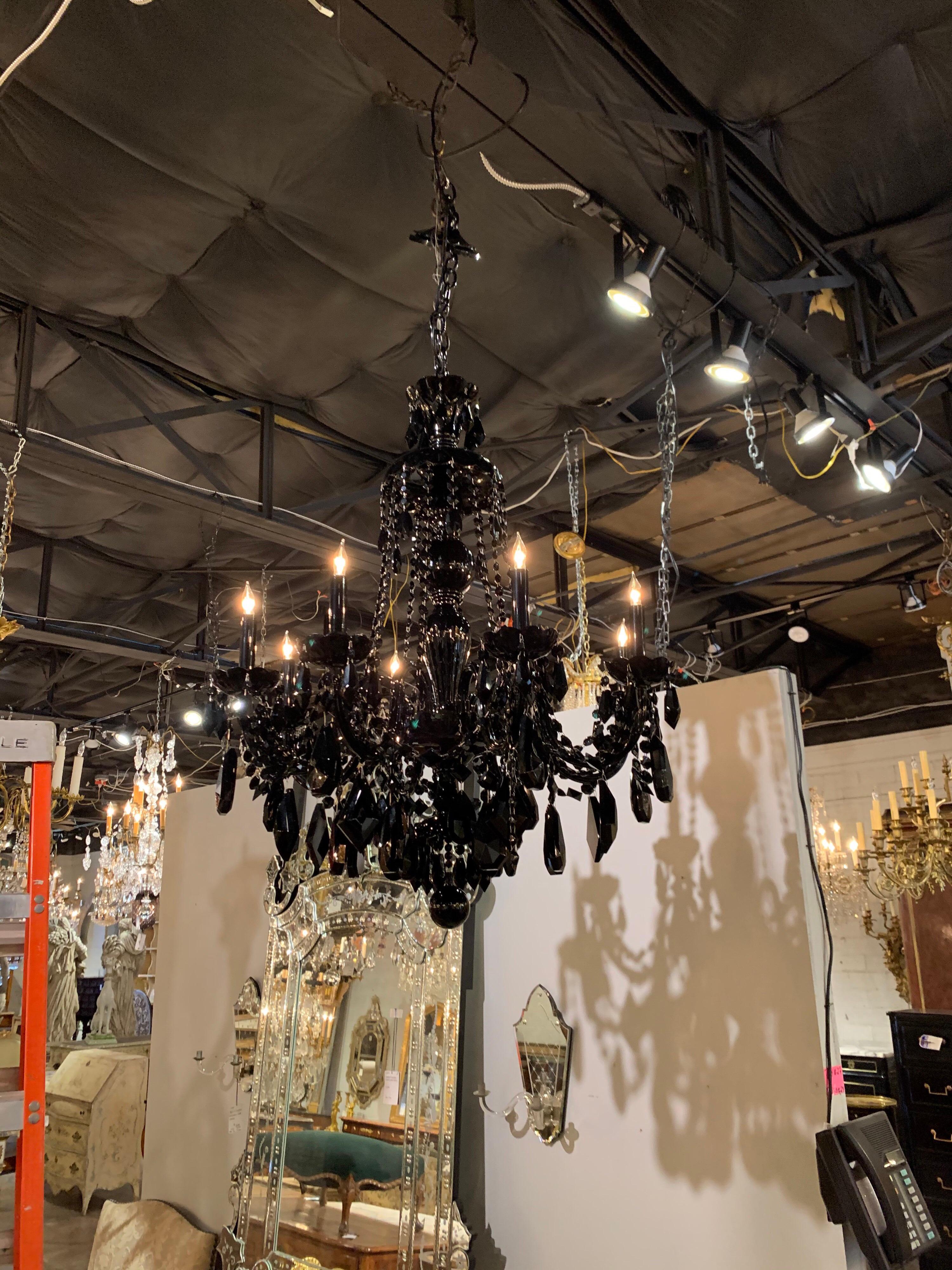 Pair of Modern Black Crystal 8-Light Chandeliers In Good Condition In Dallas, TX