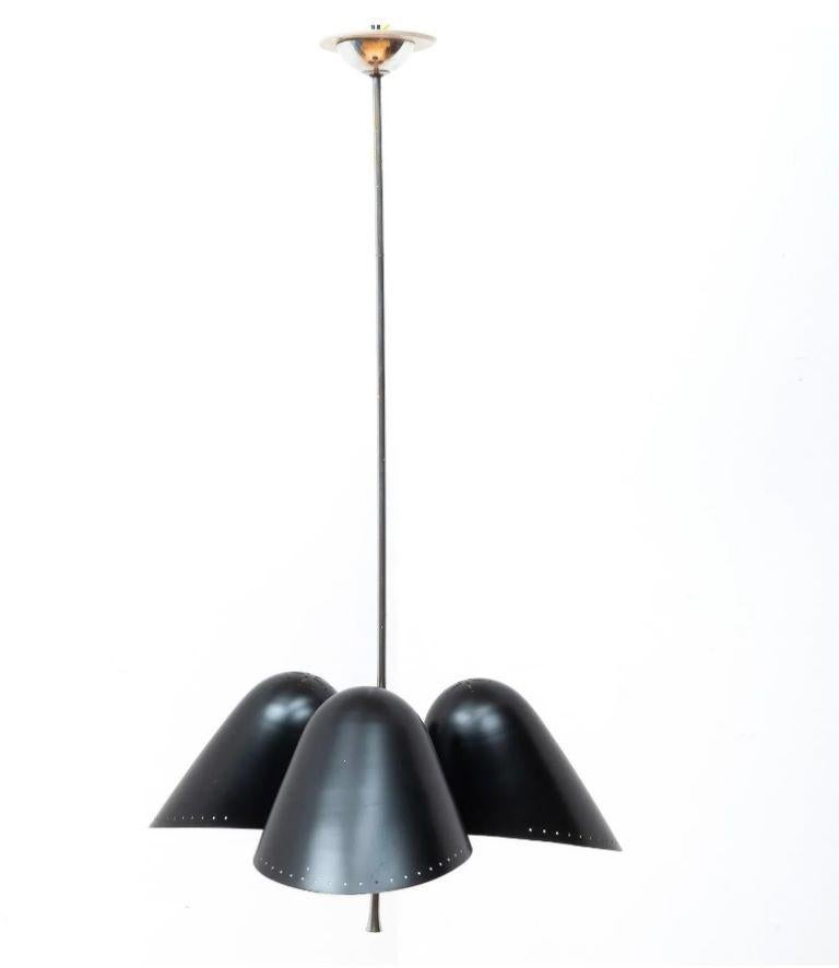 Pair of Modern Black Enamel and Chrome Three-Light Pendants 7