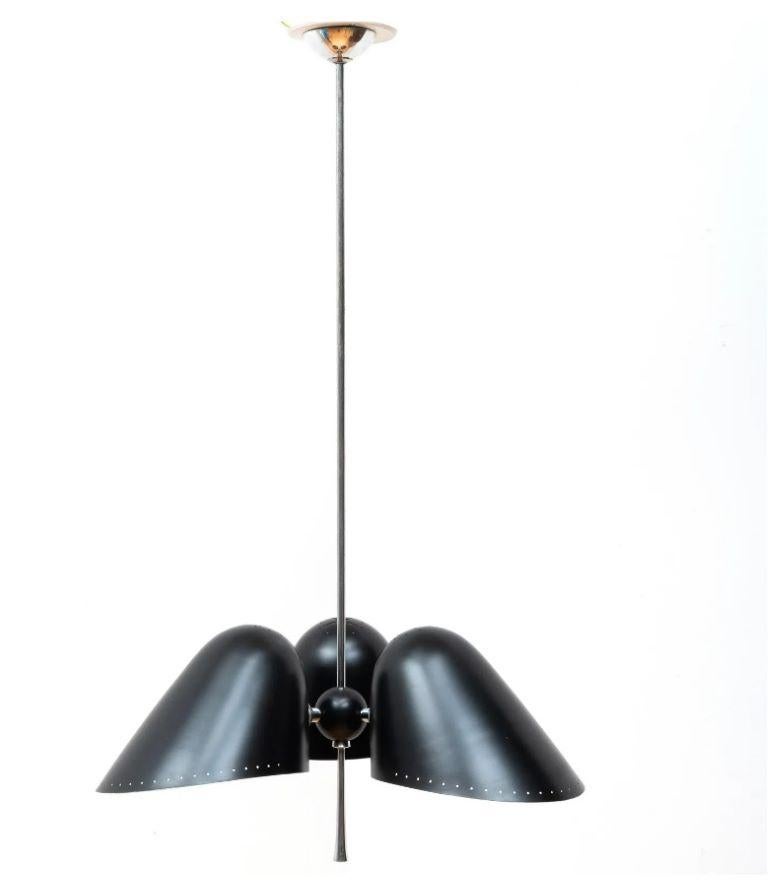 Pair of Modern Black Enamel and Chrome Three-Light Pendants In Good Condition In Chicago, IL