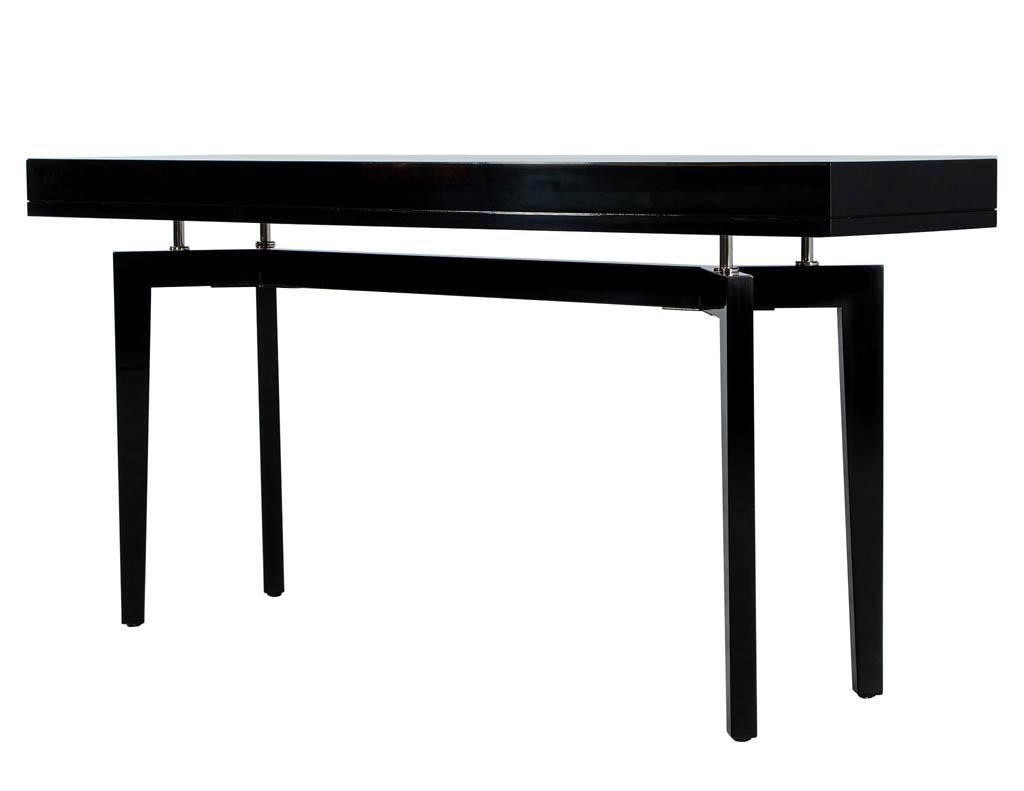 Stainless Steel Pair of Modern Black Lacquered Console Tables