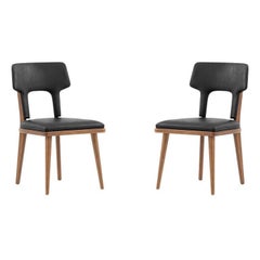 Pair of Modern Black Leather Dining Chairs with Almond Oak Base – Fork
