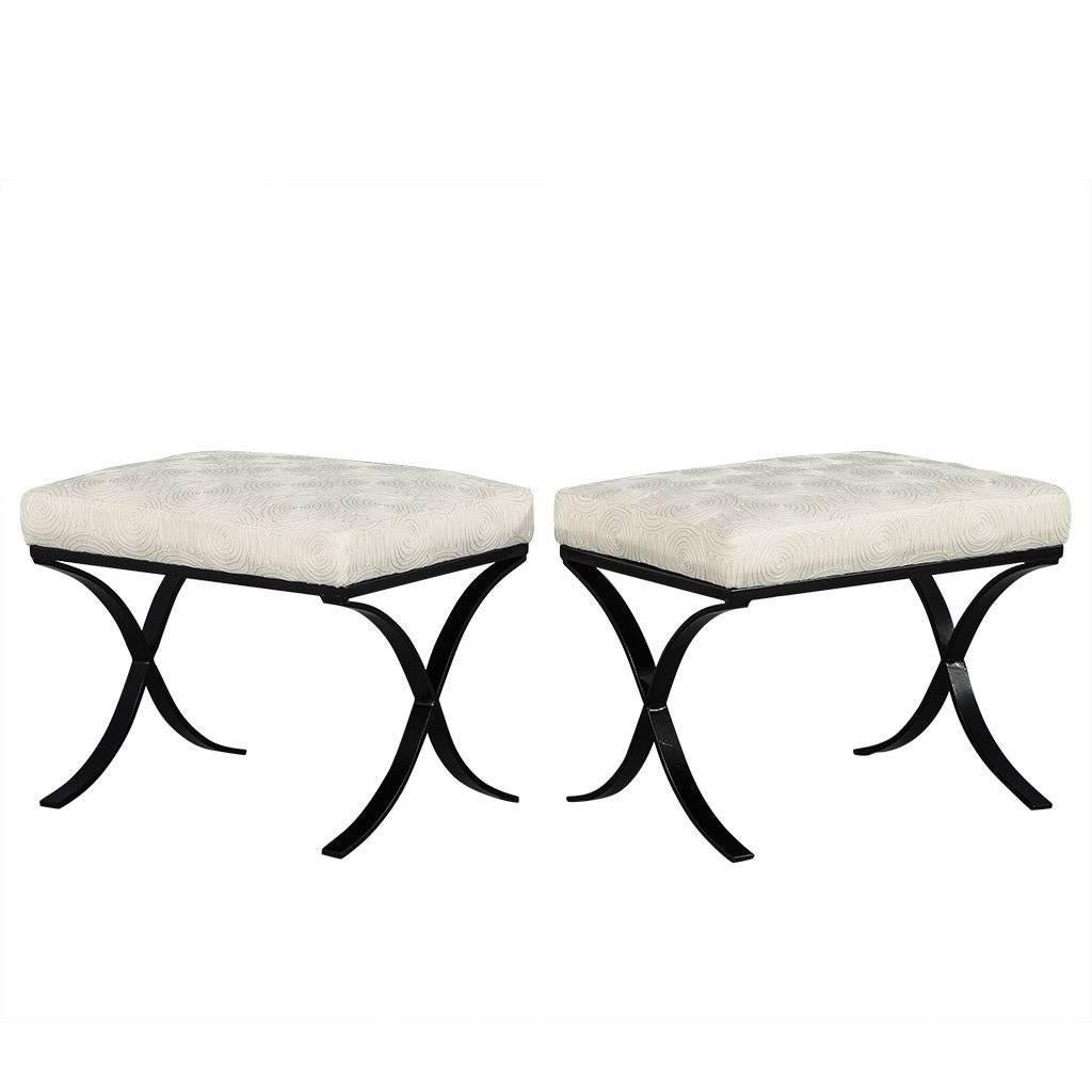 Pair of Modern Black Metal Base Ottomans