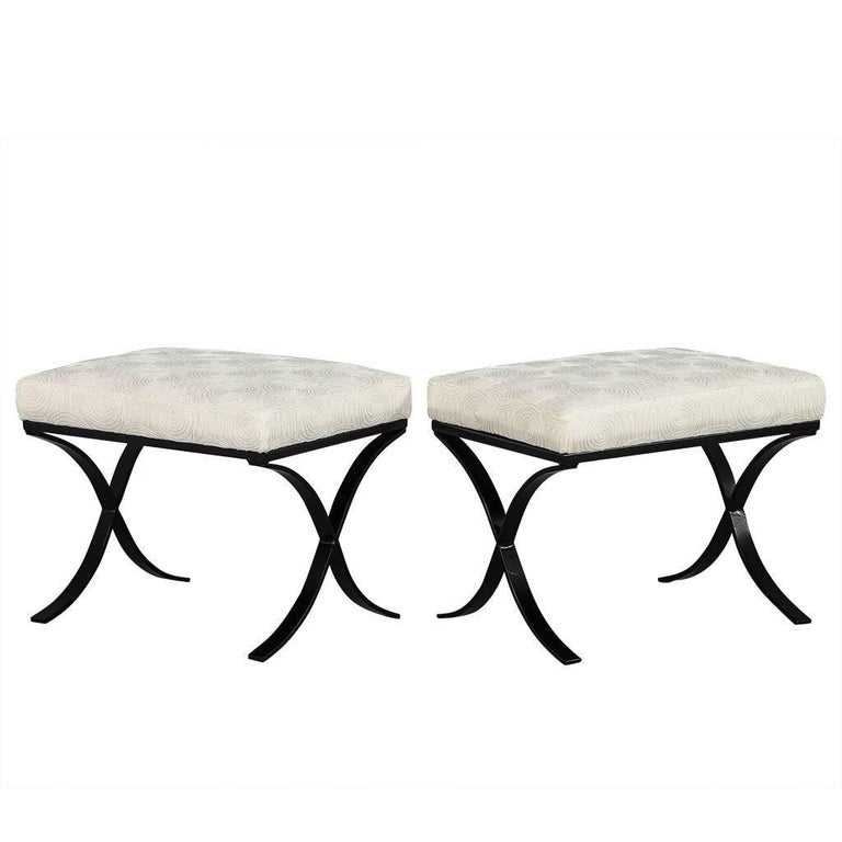 Pair of Modern Black Metal Base Ottomans at 1stDibs
