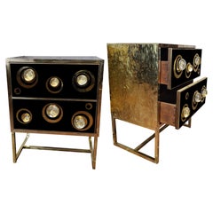 Pair of Modern Black Nightstands with Murano Spheres and Brass Legs Available