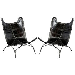 Pair of Modern Black Saddle Leather Camp Chairs