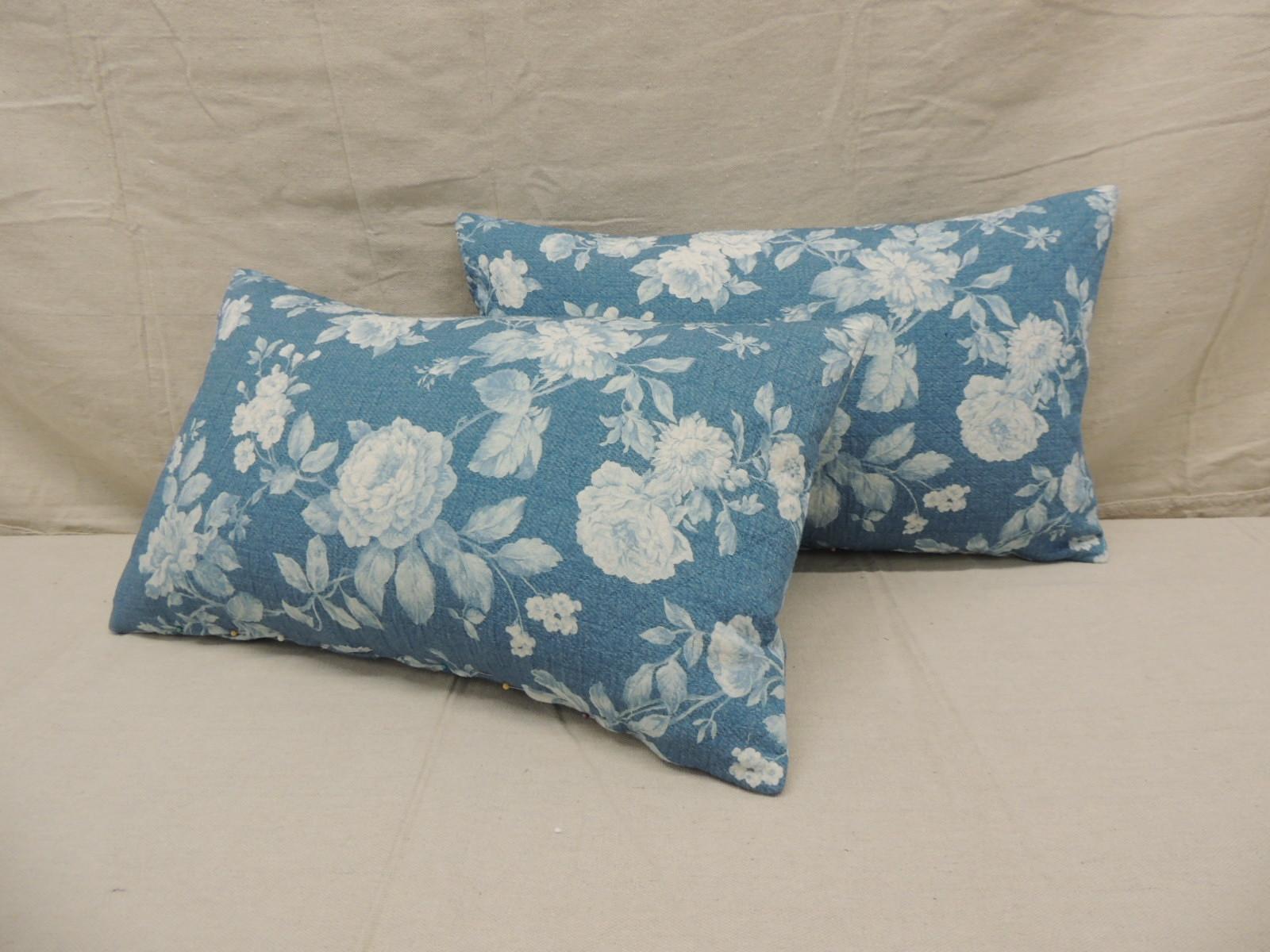 Country Pair of Modern Blue and White Quilted Cotton Floral Decorative Lumbar Pillows