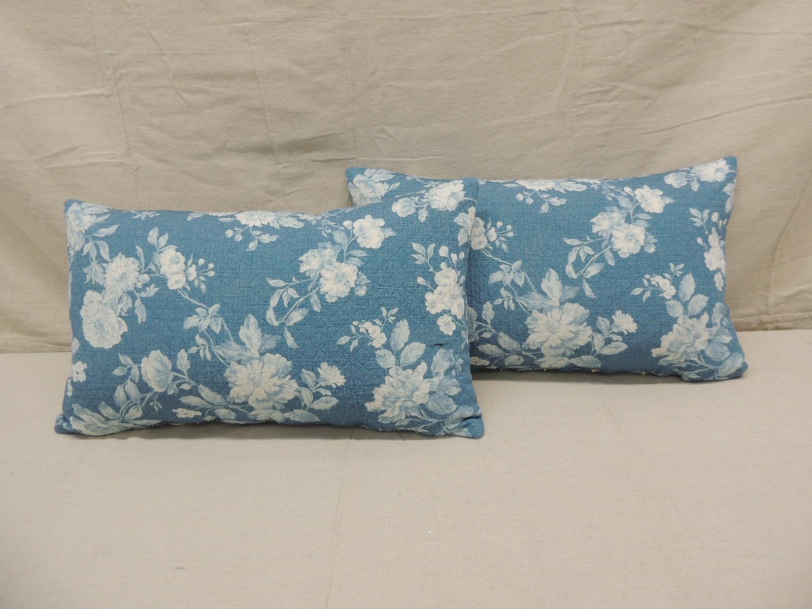 Portuguese Pair of Modern Blue and White Quilted Cotton Floral Decorative Lumbar Pillows