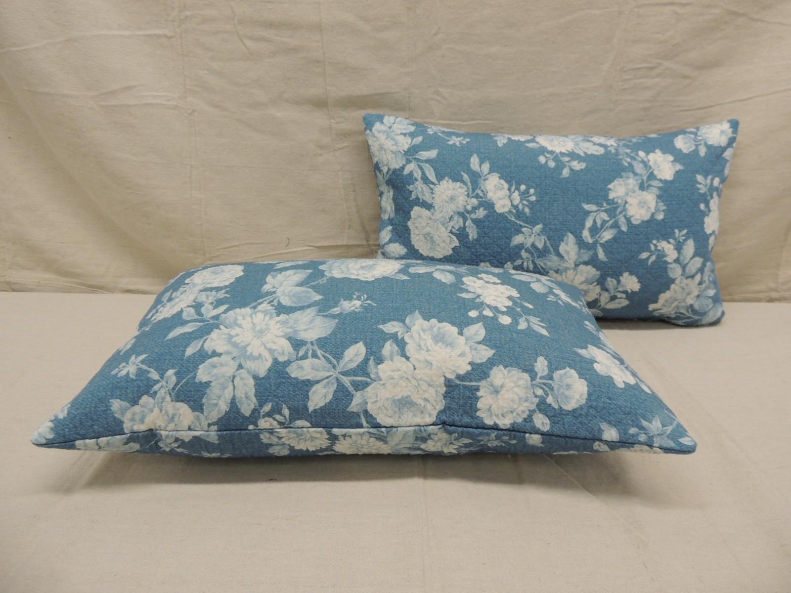 Hand-Crafted Pair of Modern Blue and White Quilted Cotton Floral Decorative Lumbar Pillows