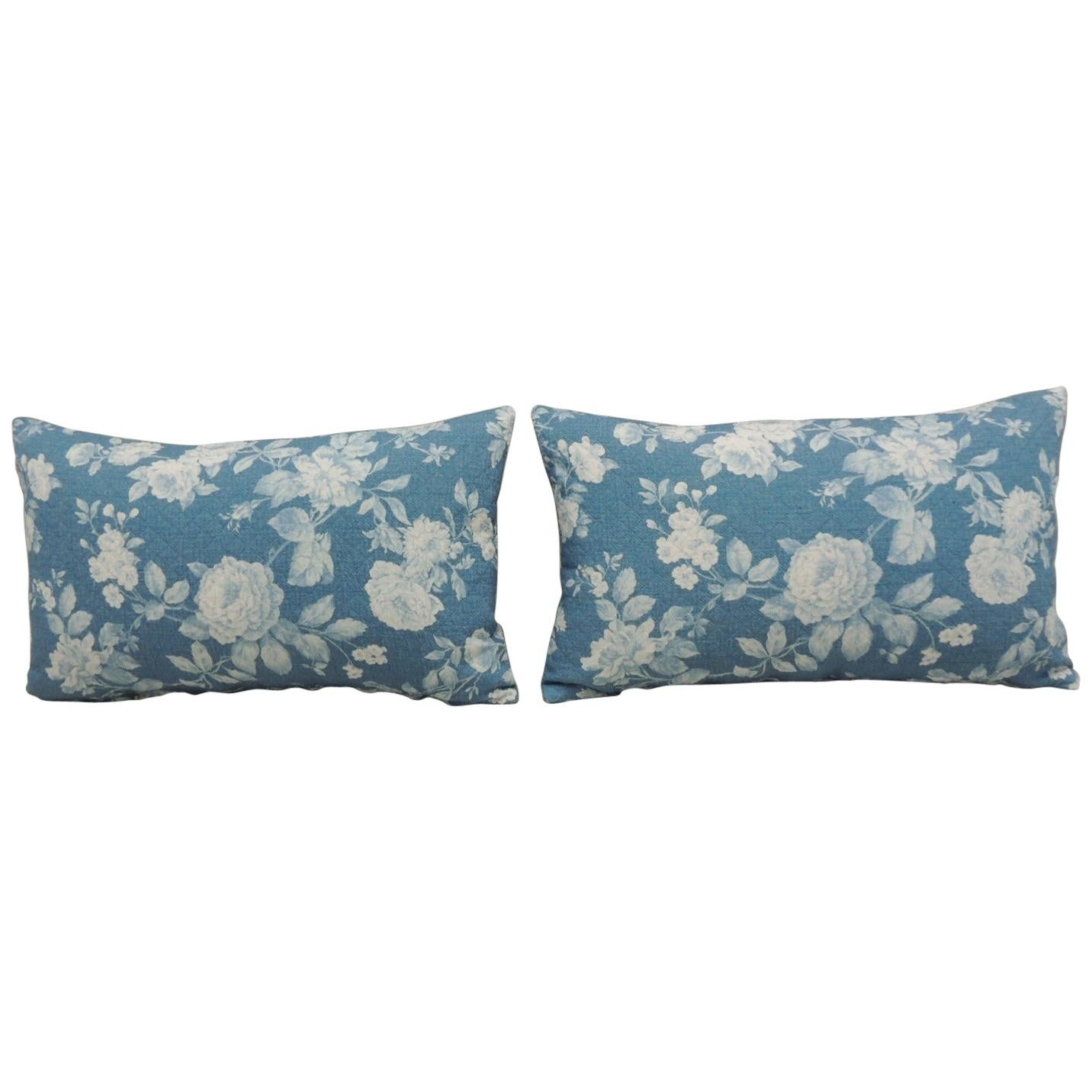 Pair of Modern Blue and White Quilted Cotton Floral Decorative Lumbar Pillows