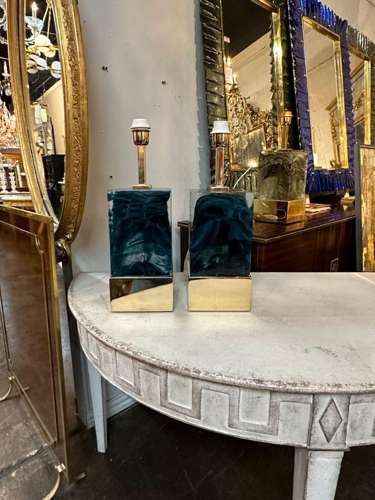 Decorative pair of Modern blue Murano glass block shaped lamps with brass. a favorite of top designers. So pretty!!