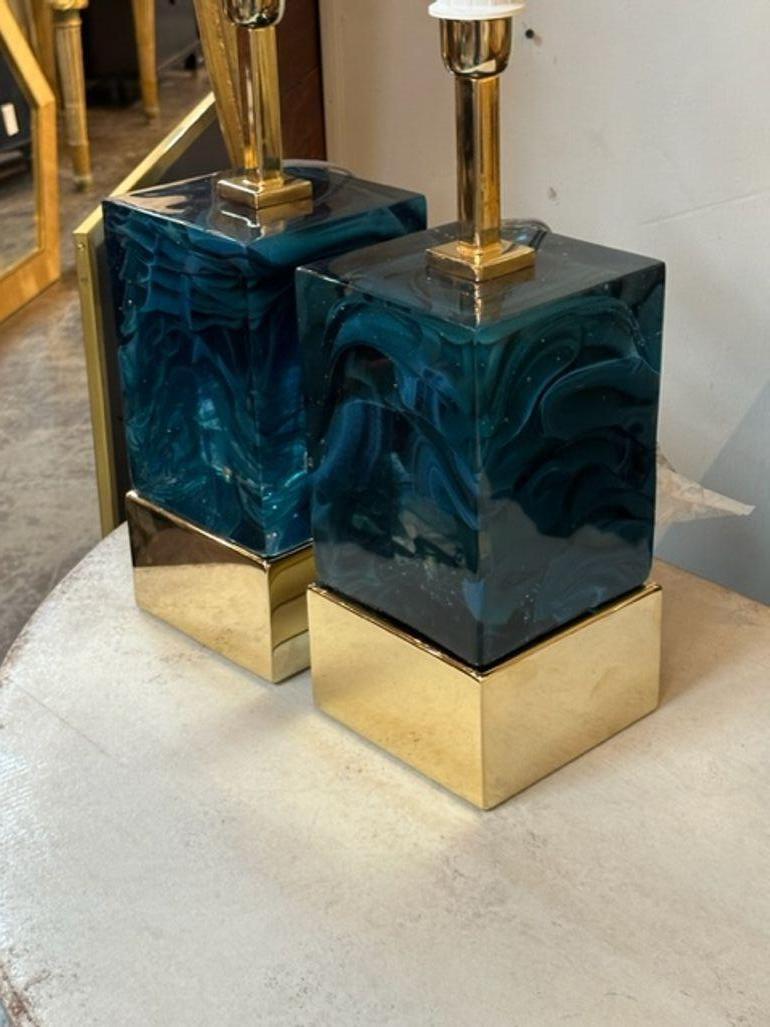 Contemporary Pair of Modern Blue Murano Glass and Brass Lamps For Sale