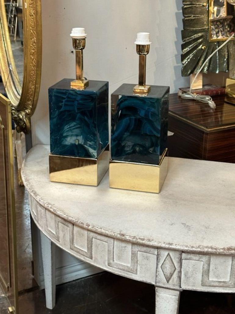 Pair of Modern Blue Murano Glass and Brass Lamps For Sale 1