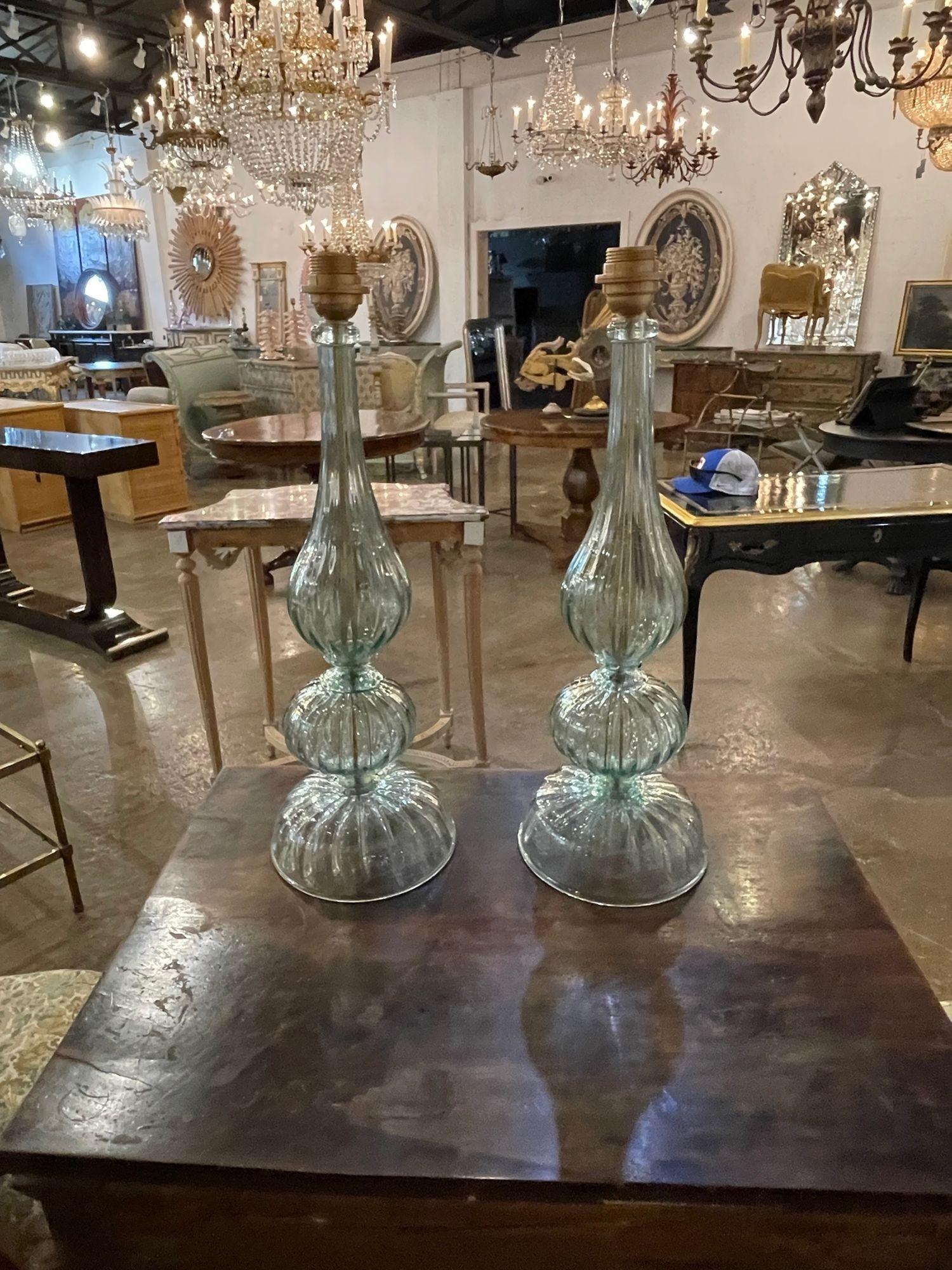 Pair of Modern Blue Murano Glass Lamps In Good Condition In Dallas, TX
