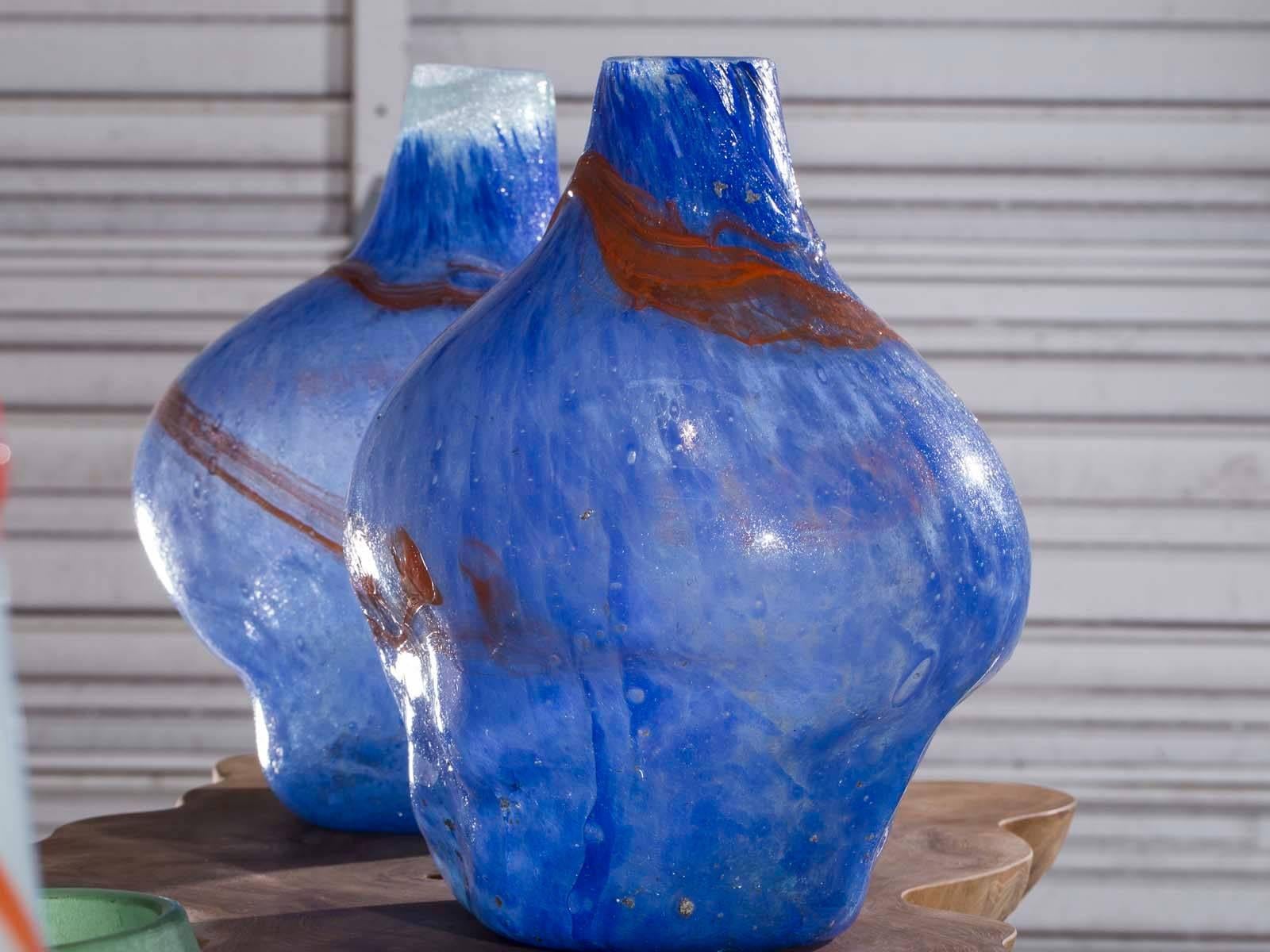 Dutch Pair of Modern Blue Orange Handblown Glass Vases from Holland