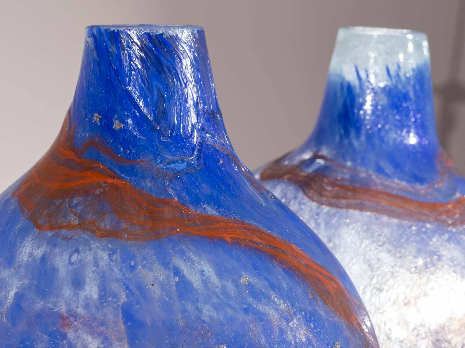 Hand-Crafted Pair of Modern Blue Orange Handblown Glass Vases from Holland