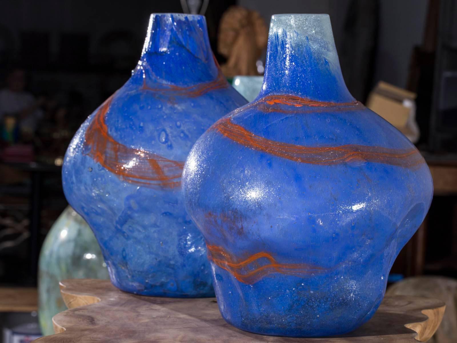 Pair of Modern Blue Orange Handblown Glass Vases from Holland In Excellent Condition In Houston, TX