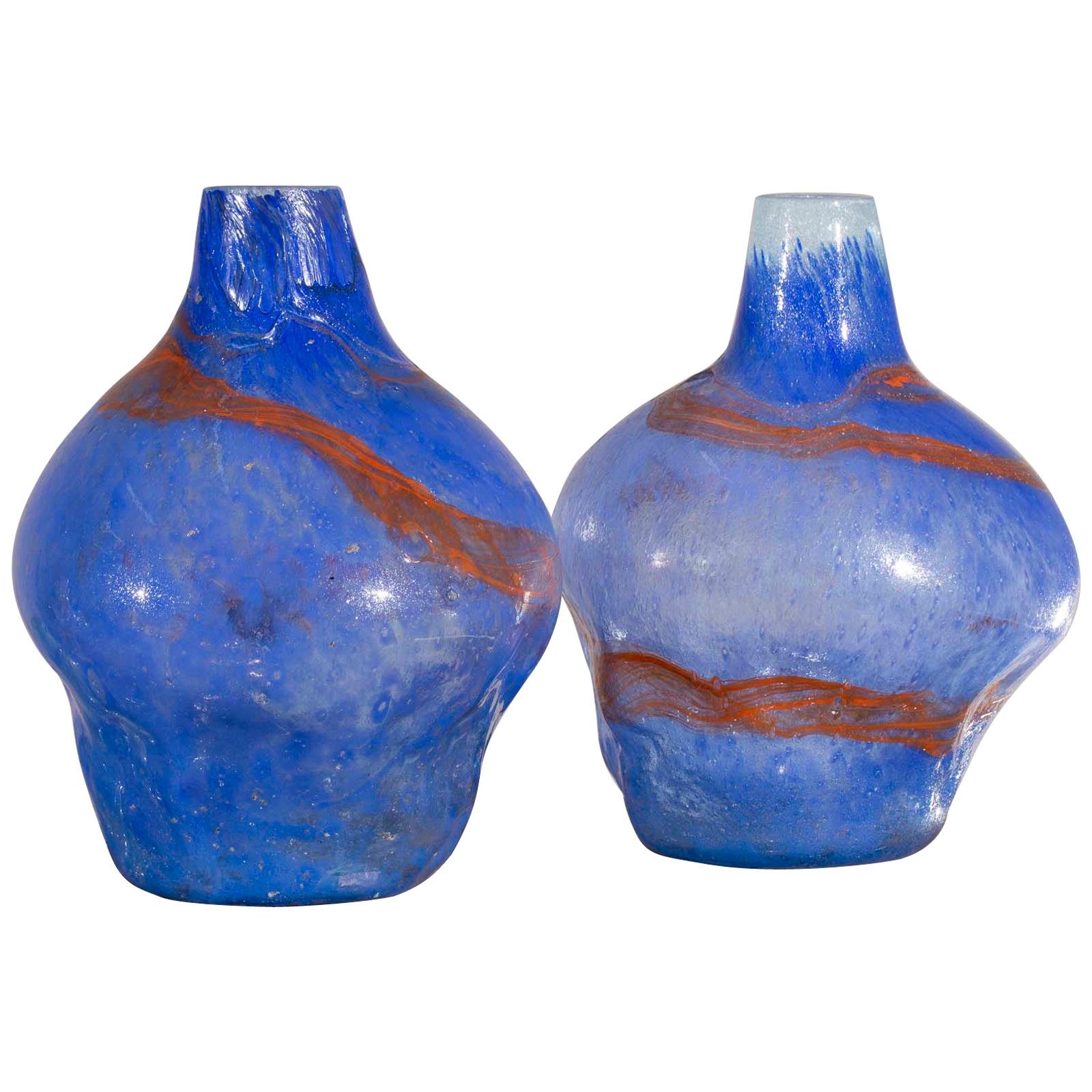 Pair of Modern Blue Orange Handblown Glass Vases from Holland