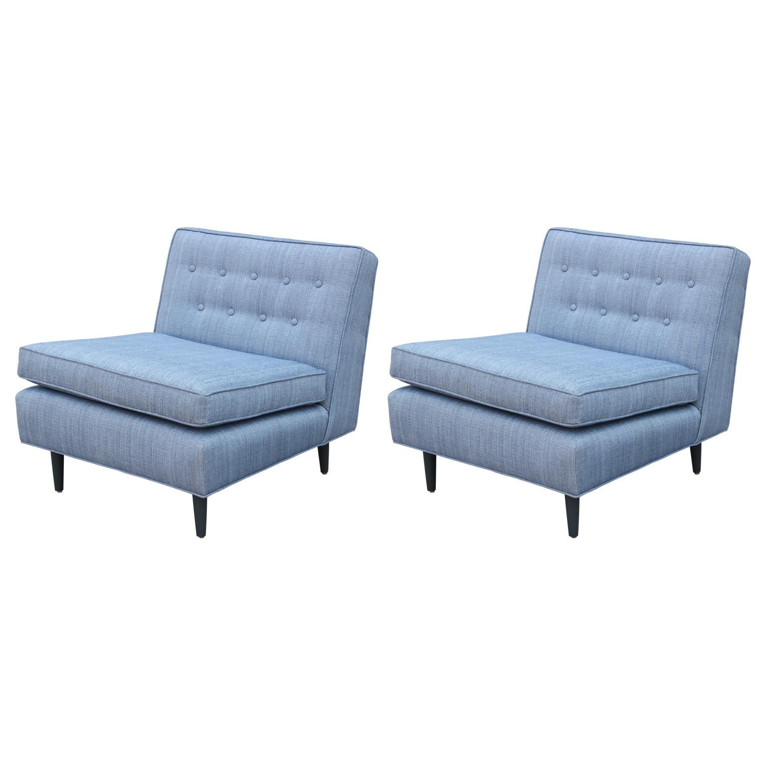Pair of Modern Blue Slipper Lounge Chairs with French Blue Stained Legs