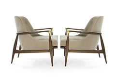 Pair of Modern Brass Accented Walnut Lounge Chairs, 1950s