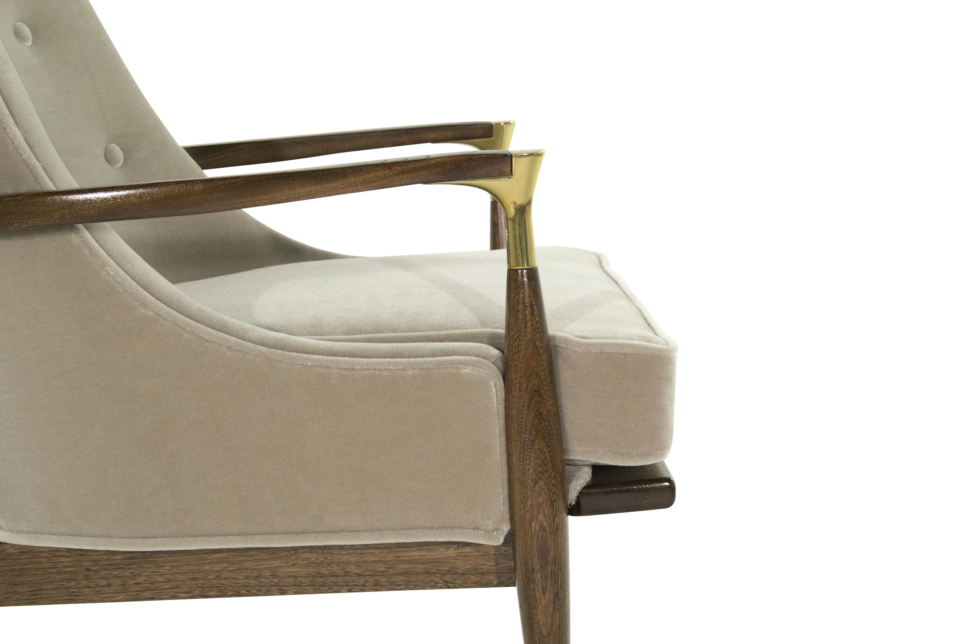 Pair of Modern Brass Accented Walnut Lounge Chairs, 1950s 3