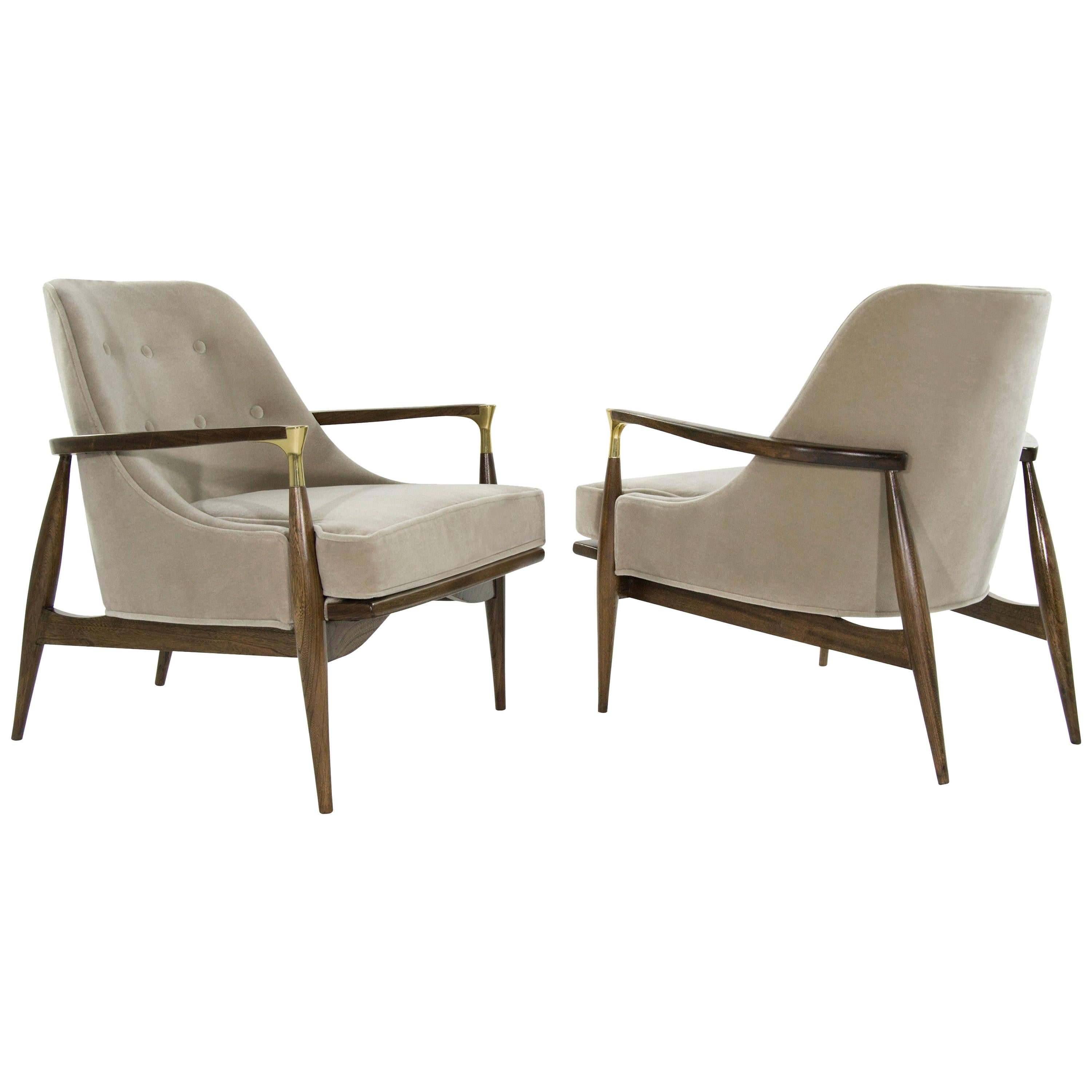 Pair of Modern Brass Accented Walnut Lounge Chairs, 1950s
