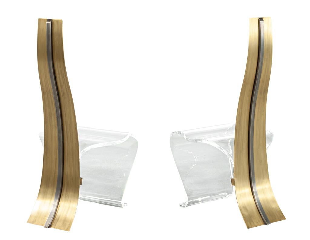Pair of Modern Brass and Acrylic Accent Chairs In Good Condition For Sale In North York, ON