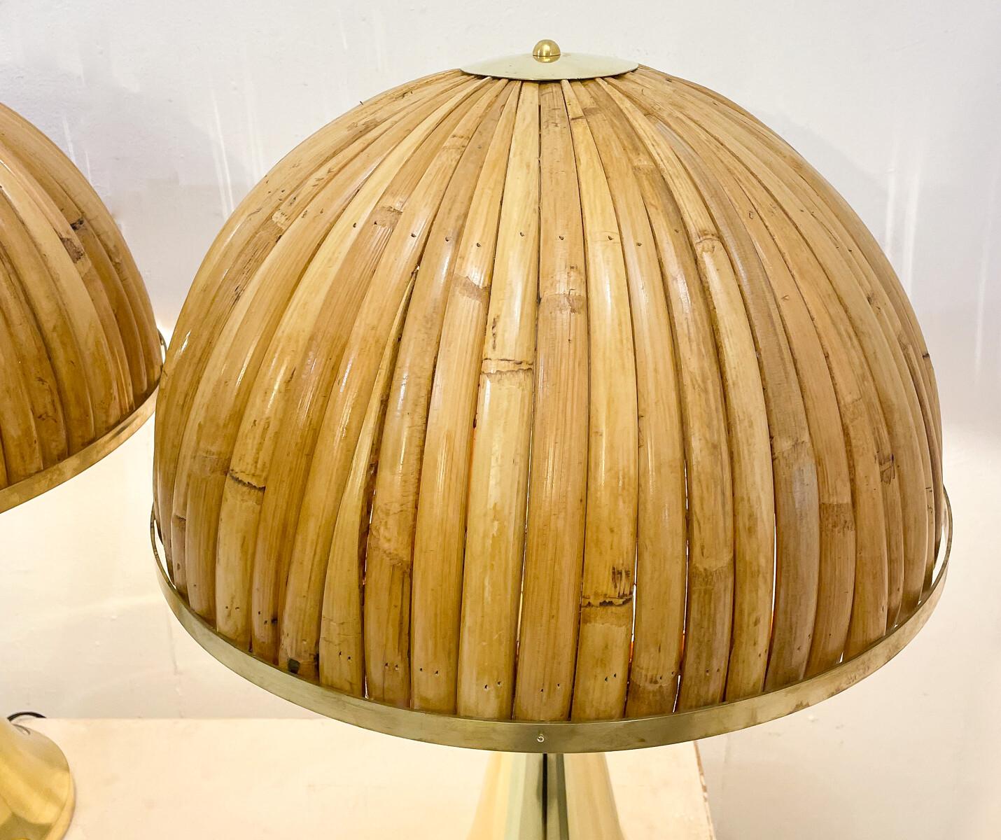 XXIe siècle et contemporain Paire de lampes de bureau modernes en laiton et bambou, Italie en vente