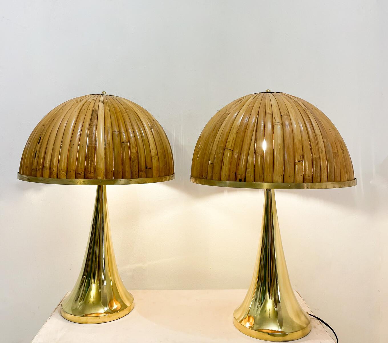 Bambou Paire de lampes de bureau modernes en laiton et bambou, Italie en vente