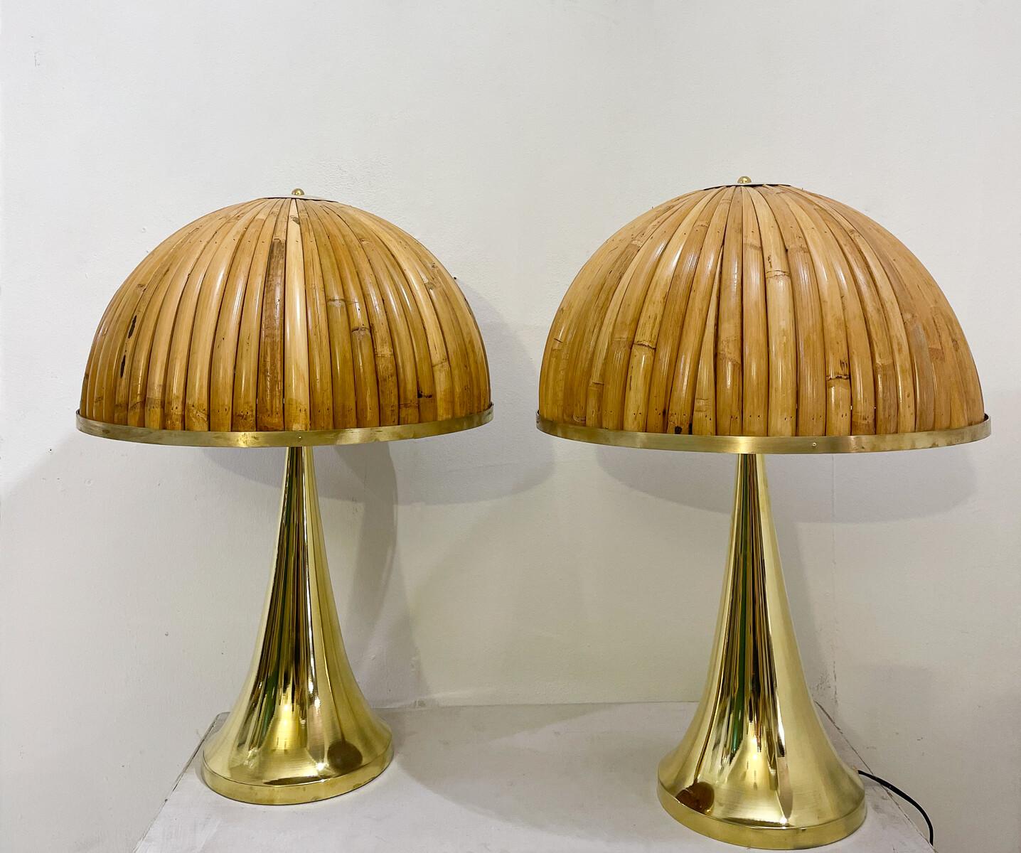 Paire de lampes de bureau modernes en laiton et bambou, Italie en vente 1