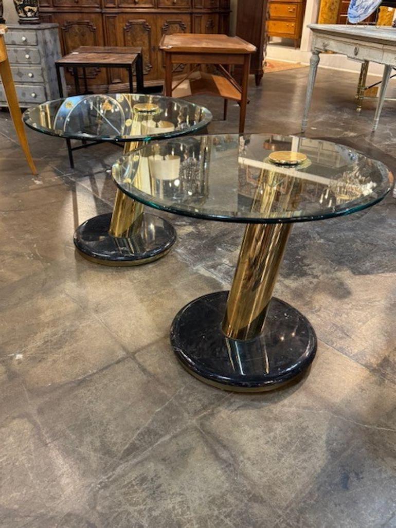 French Pair of Modern Brass and Black Lacquered Tables with Glass Tops For Sale