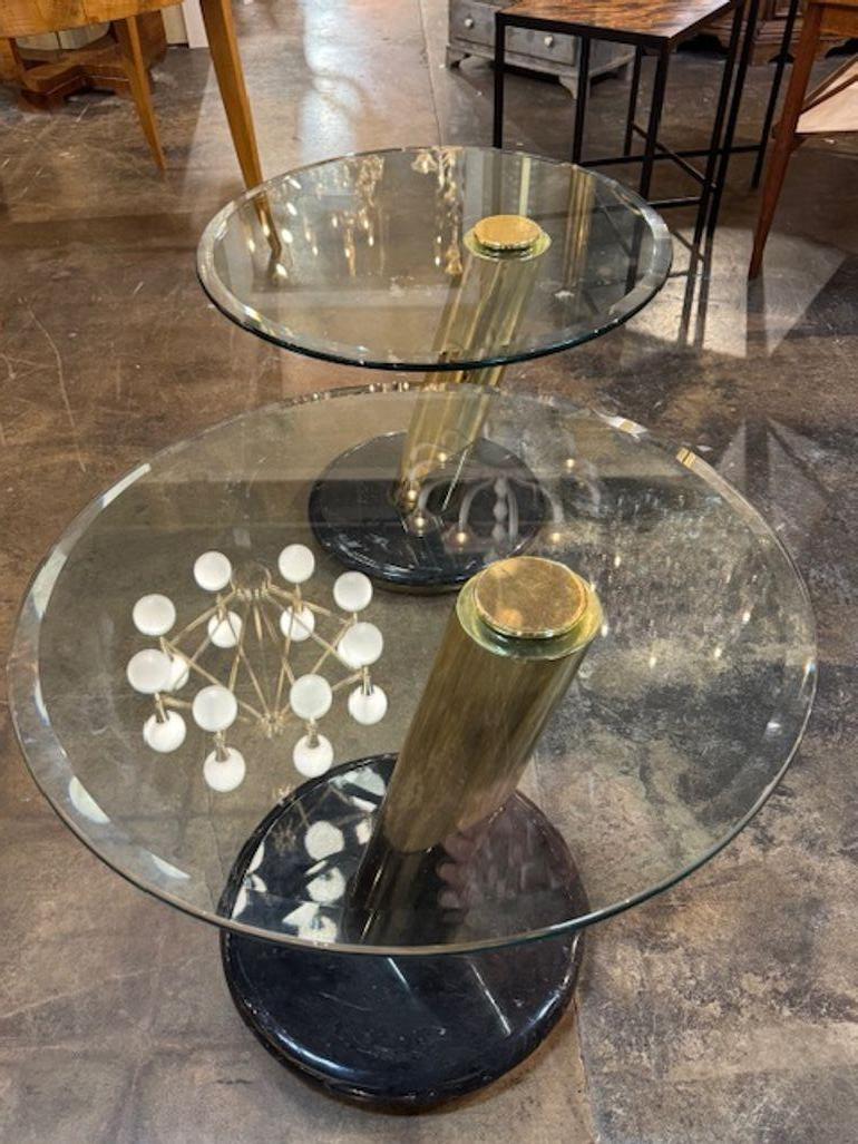 Pair of Modern Brass and Black Lacquered Tables with Glass Tops In Good Condition For Sale In Dallas, TX