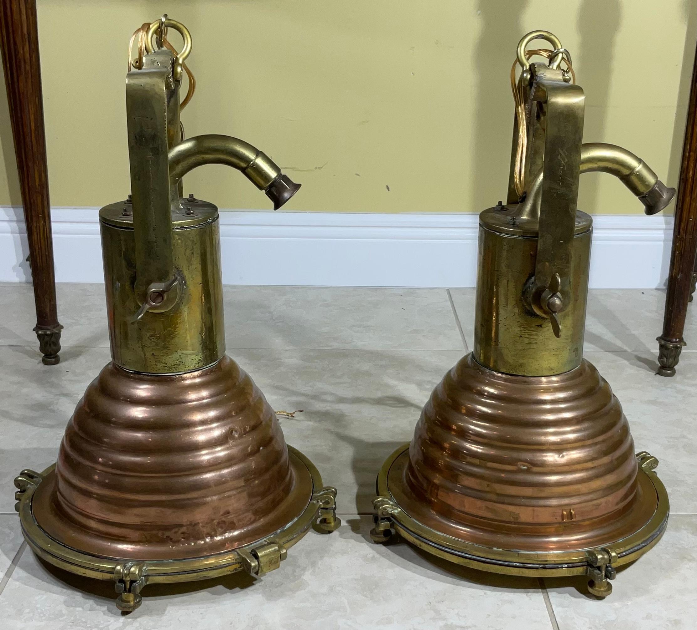 Pair of Modern Brass and Copper Kitchen, Bar Pendant Lights For Sale 8