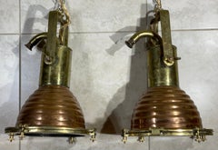 Pair of Modern Brass and Copper Kitchen, Bar Pendant Lights
