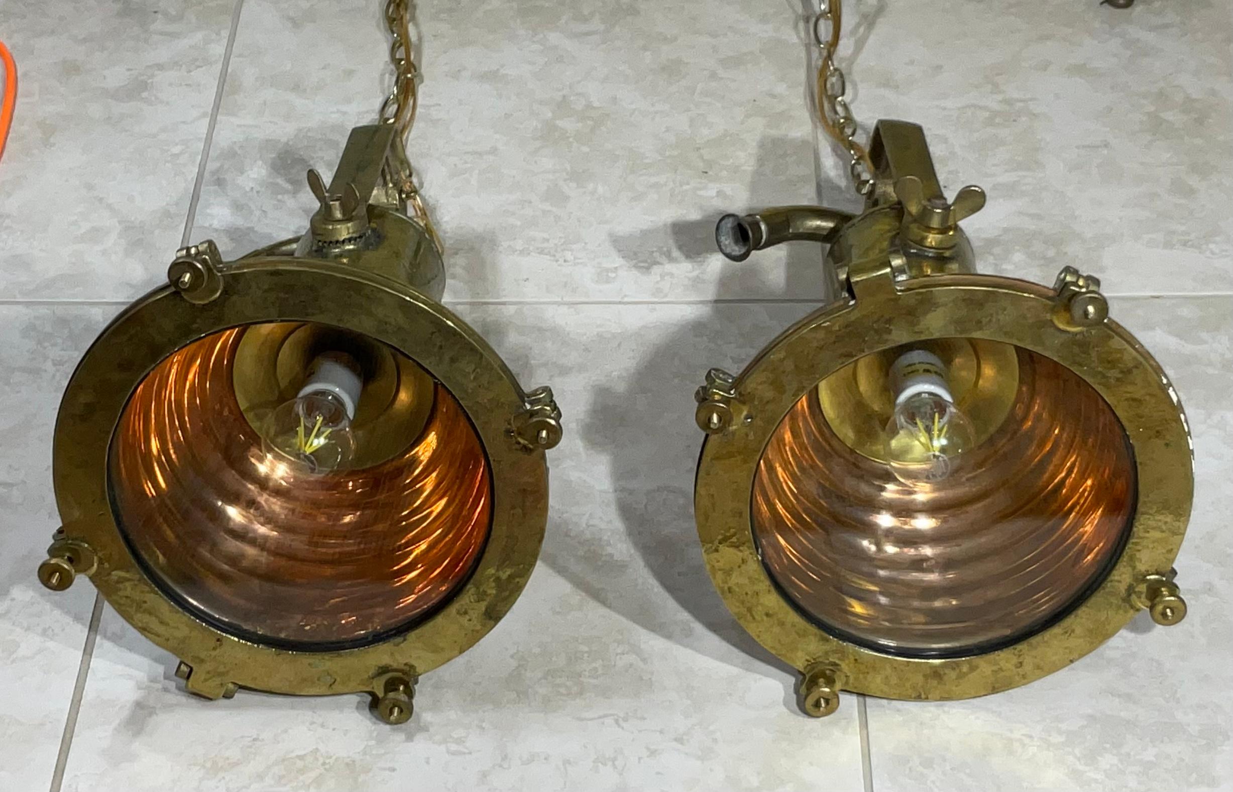 Hand-Crafted Pair of Modern Brass and Copper Kitchen, Bar Pendant Lights For Sale