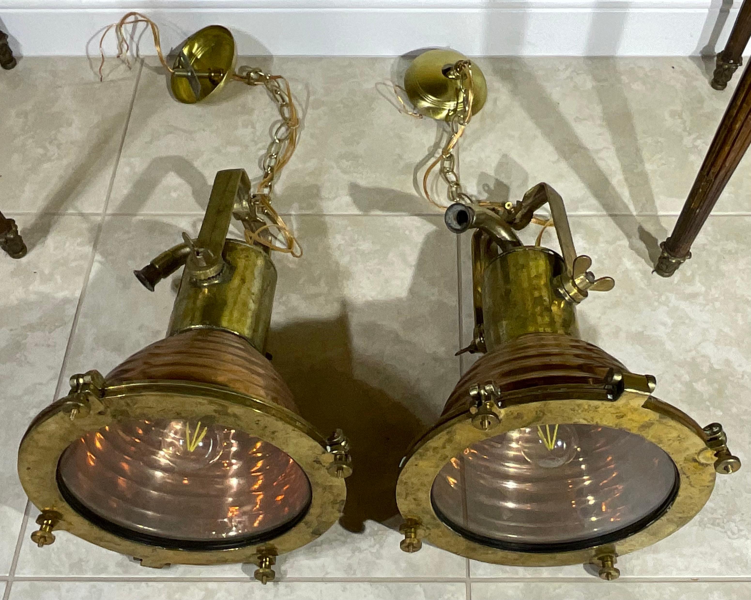 Pair of Modern Brass and Copper Kitchen, Bar Pendant Lights In Good Condition For Sale In Delray Beach, FL