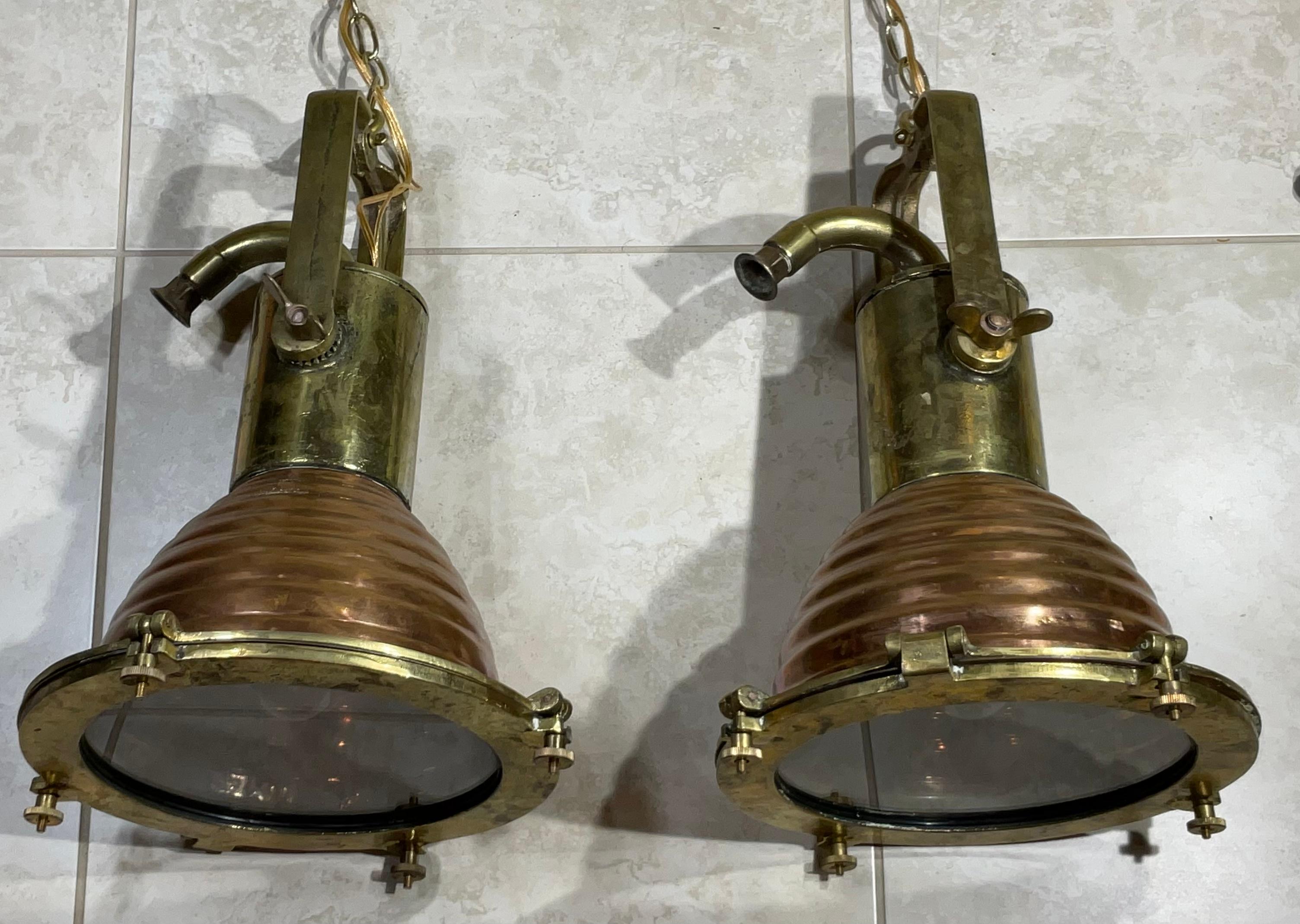 20th Century Pair of Modern Brass and Copper Kitchen, Bar Pendant Lights For Sale