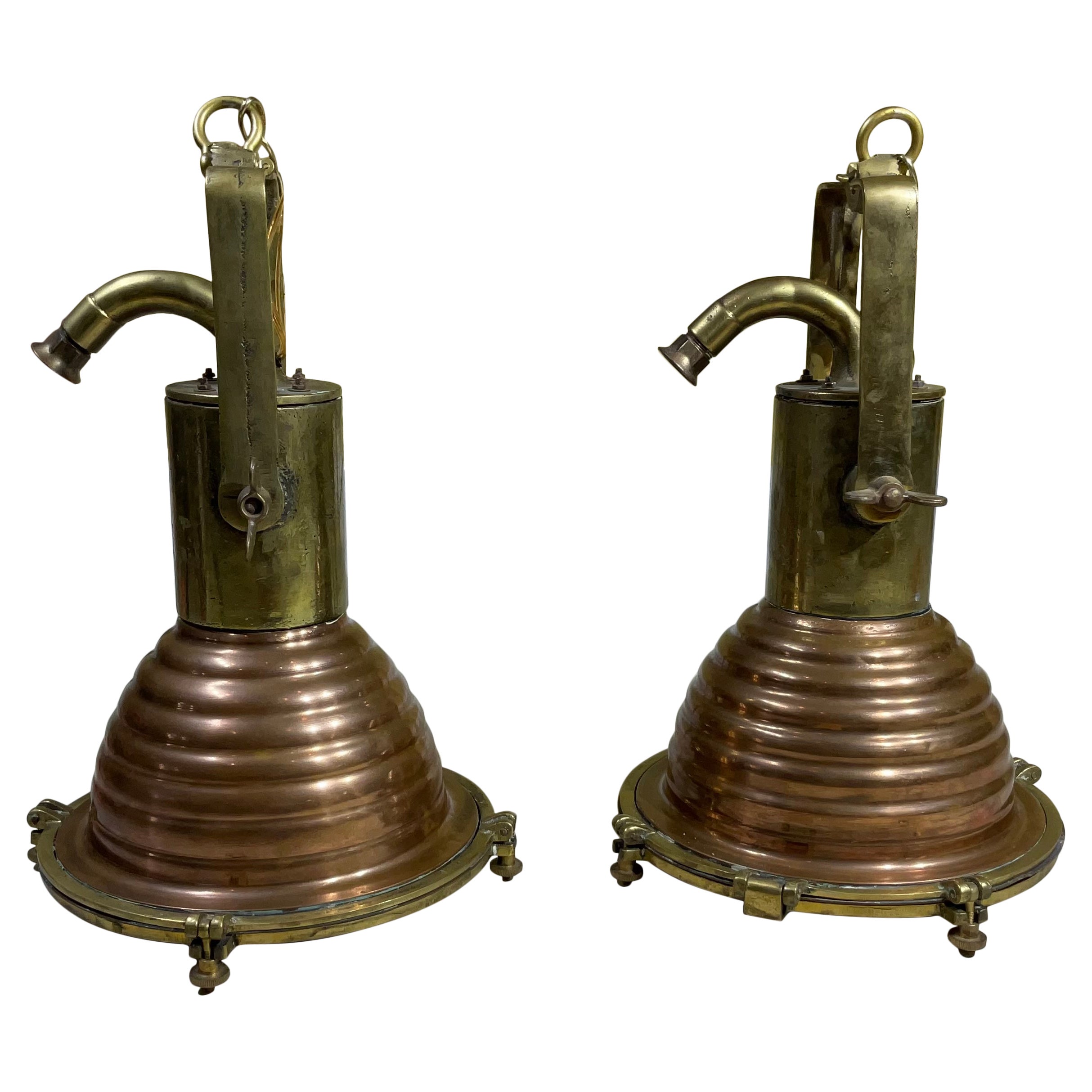 Pair of Modern Brass and Copper Kitchen, Bar Pendant Lights