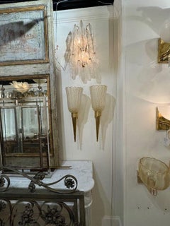 Pair of Modern Brass and Murano Glass Cone Form Sconces